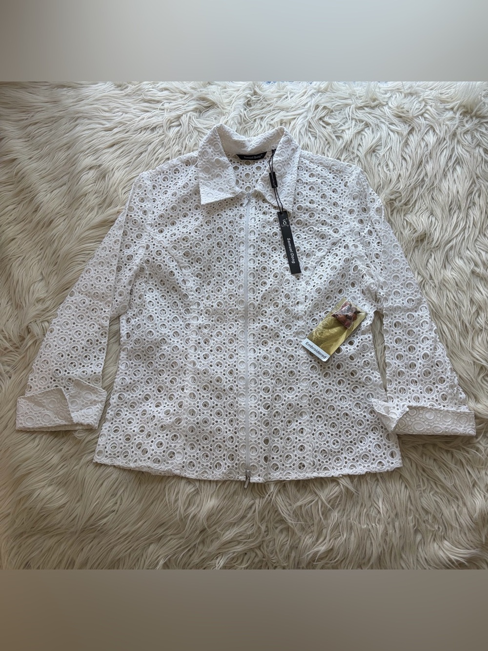 NWT Samuel Dong White Eyelet Embroidered Zip Blazer Jacket Blouse Cotton Size M